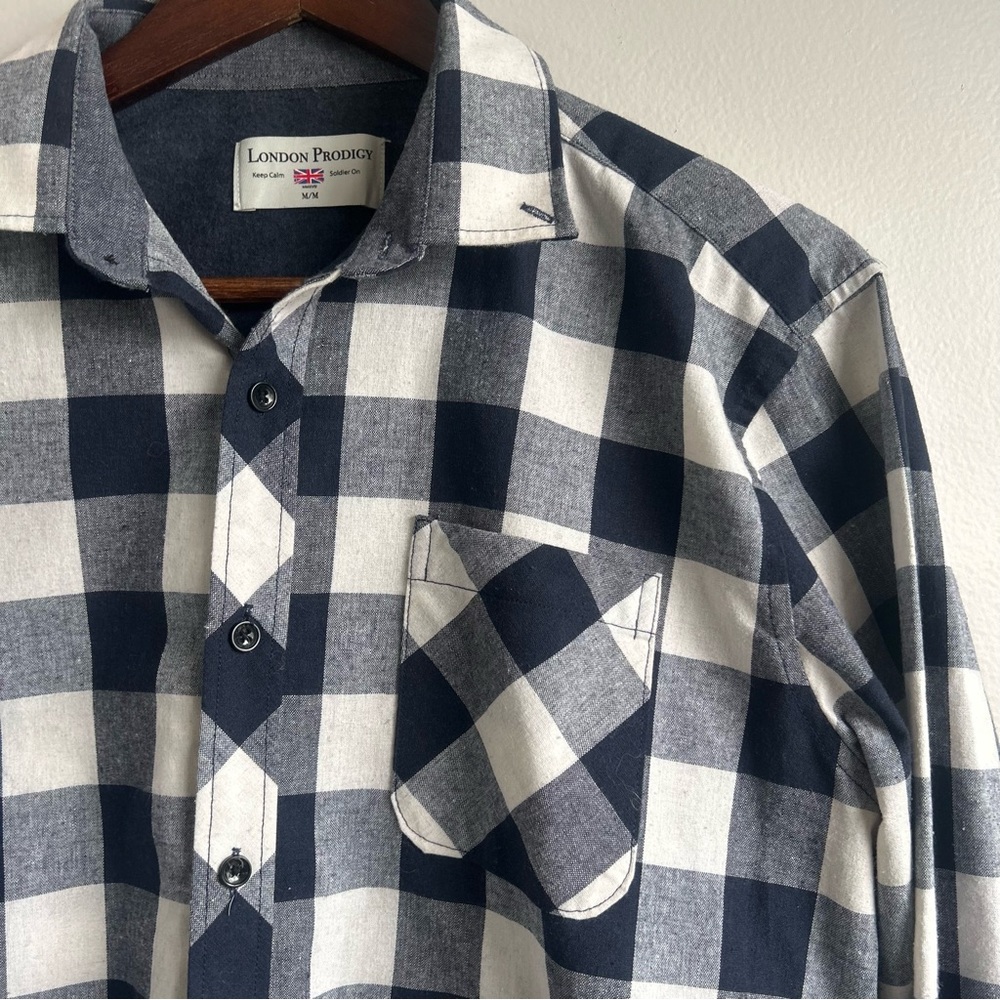 London Prodigy Men's Navy & White Check Button-Up Shirt Cotton Blend Medium